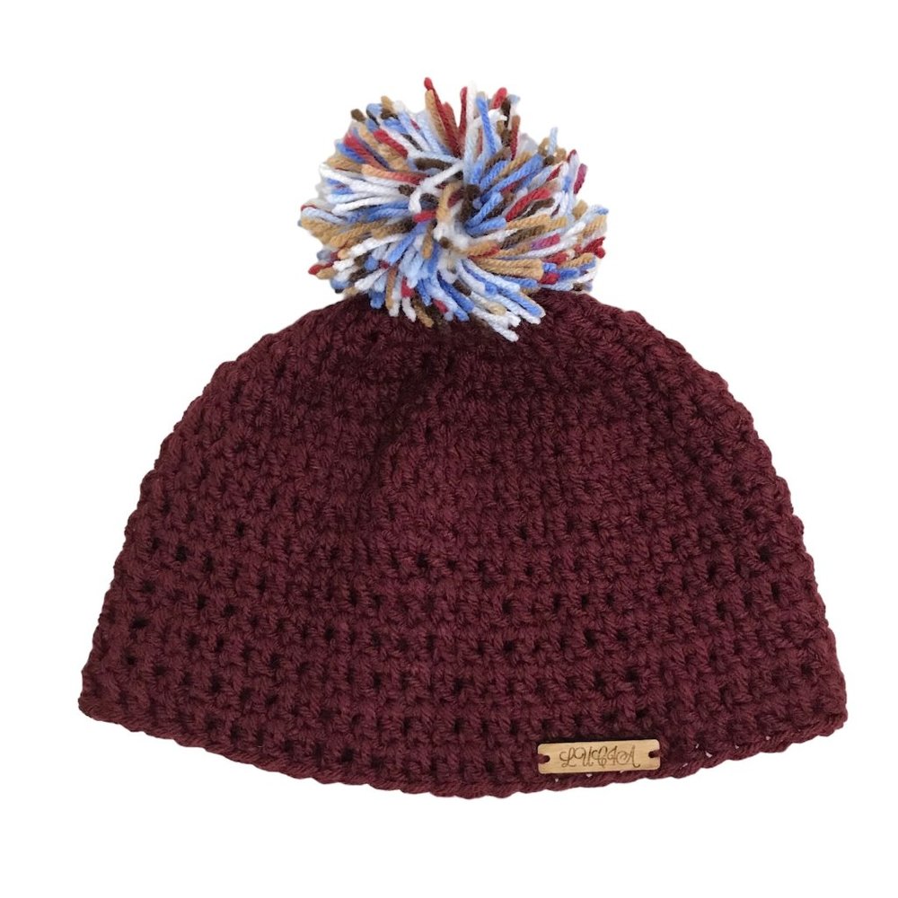 Beanie Crochet Fitted Burgundy with Pom Pom Adults Size Brand New Handmade